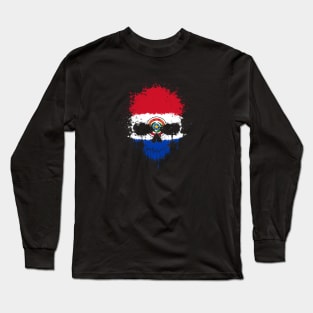 Chaotic Paraguay Flag Splatter Skull Long Sleeve T-Shirt